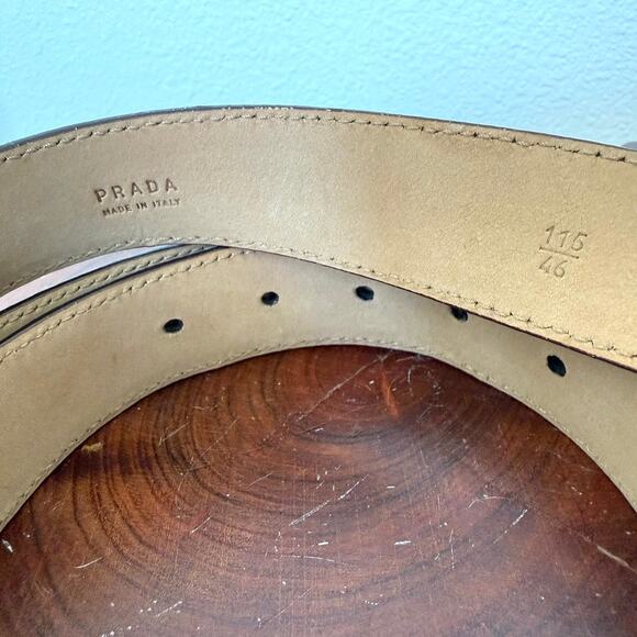PRADA Pebbled Leather Belt Brown White Stitching Silver Buckle 115/46 Italy - Picture 3 of 8